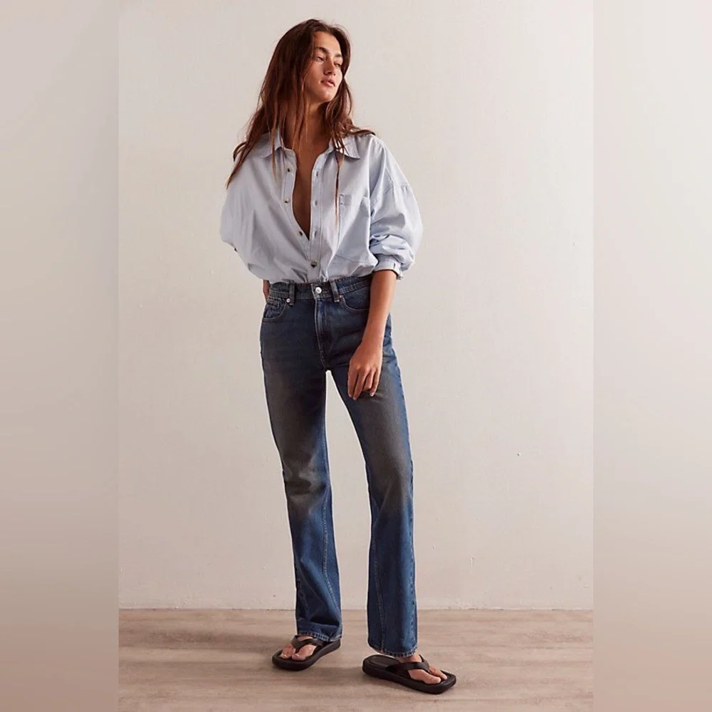 We The Free by Free People Blue Xena Slim Straight Boho Western Jeans sz 29